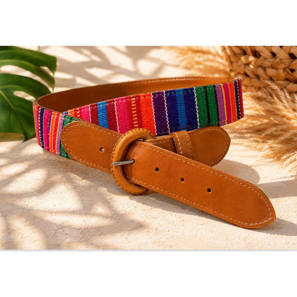 Colorful Woven Guatemalan S Concho Belt Boho Eclectic Rainbow Hippie Woodstock